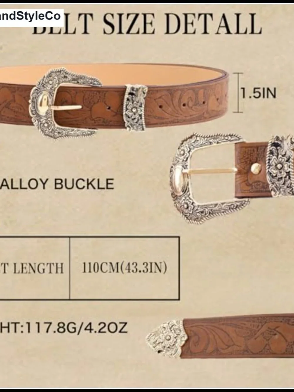 Western Belt for Women Brown Faux Leather Carved Flower Buckle
